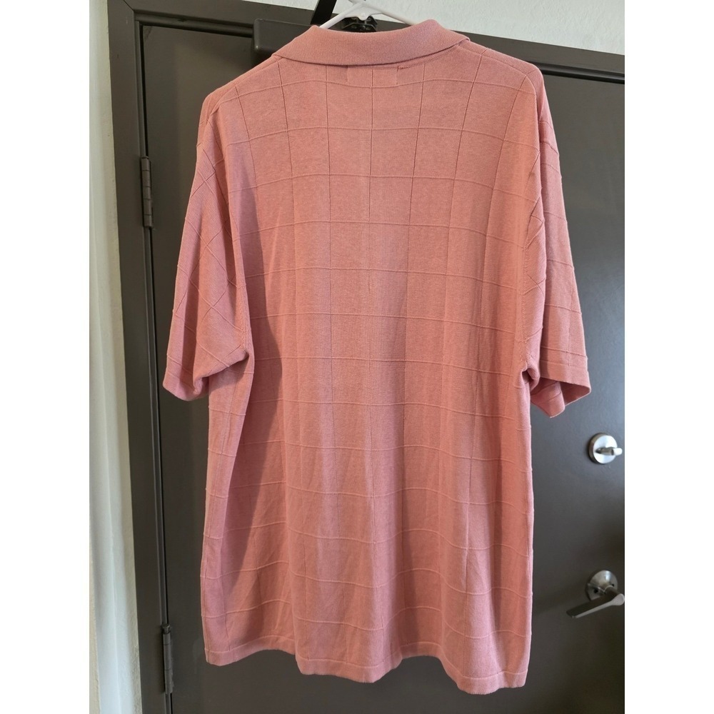 Mens Casual Shirt ,Salmon Pink Grid Knit Button Front Shirt Short Sleeve, Large - Picture 3 of 6